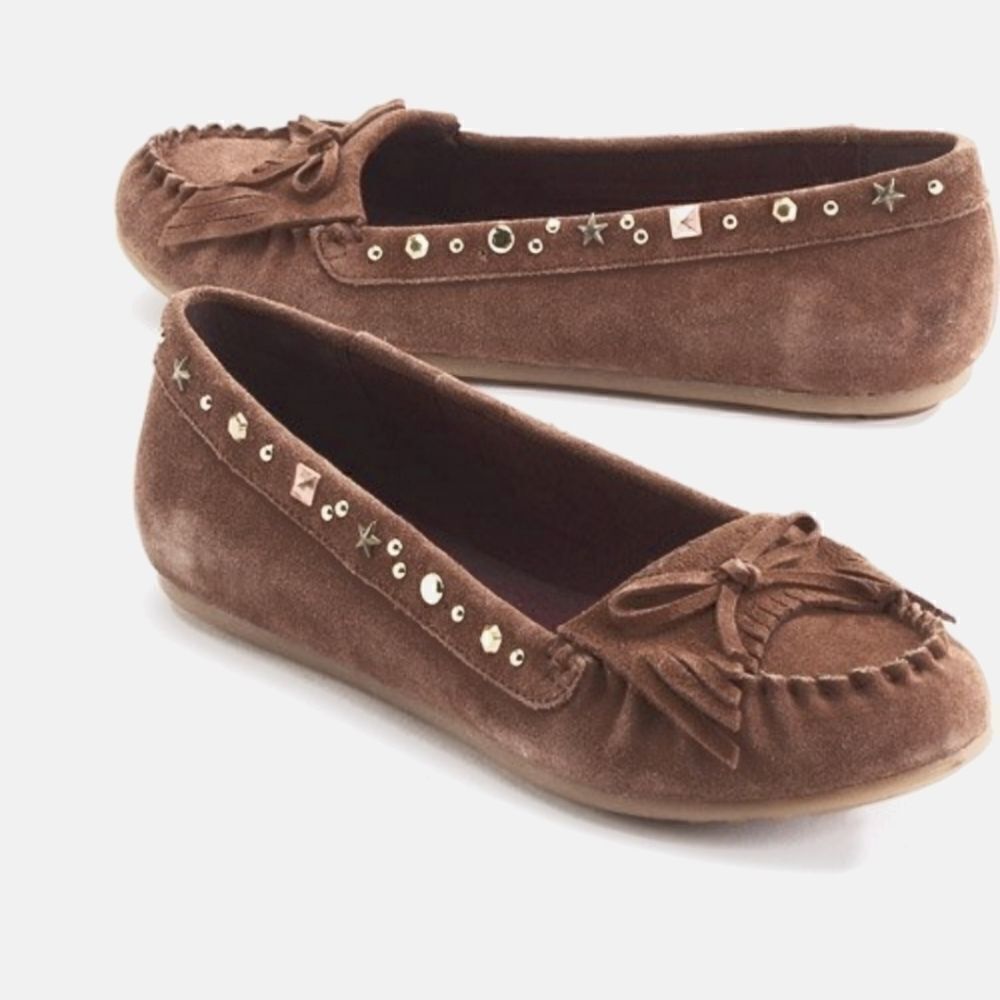 Vintage 90s y2k LEI‎ L.E.I Brown Suede Leather Fringe Studded Moccasin Loafers 8